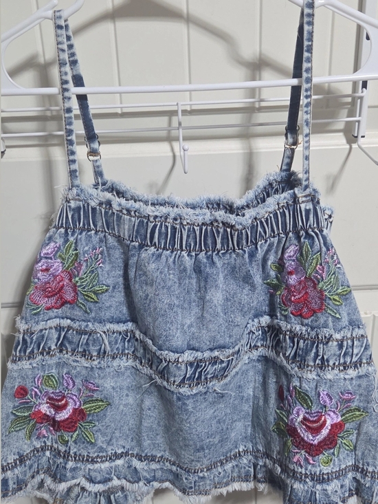 POL Tops - POL Light Blue Denim Floral Embroidered Skirted Top